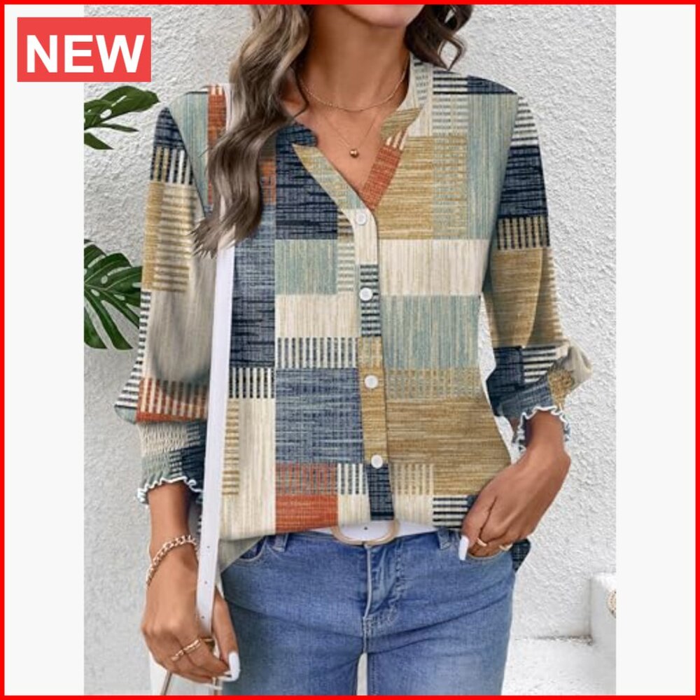 Polyester Blend 3/4 Sleeve Button Down Shirt V-Ne… - image 5